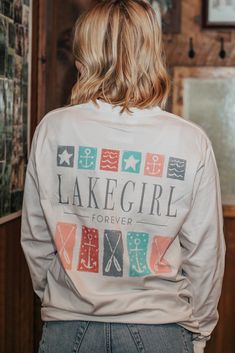 Back graphic of Lakegirl long sleeve Lake Girl, Long Sleeve Tee Shirts, Project Ideas, Screen Print, Exclusive Designs, Graphic Tee, Screen Printing, Long Sleeve Tshirt, Long Sleeve Tees