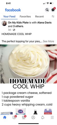 the facebook page for homemade cool whip cream