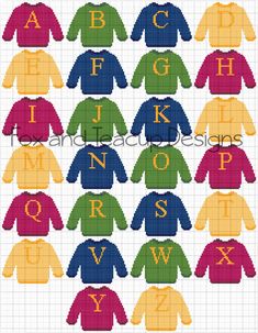 cross stitch alphabets in different colors and font, with the letters on each side