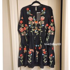 Brand New With Tags Attached, Authentic & Genuine Zara Embroidered Black Floral Dress With Attached Slip In Size Xs Extra Small. This Dress Has A Loose Swingy Fit. Fits True To Size Through The Arms & Shoulders. A Blogger's Favorite! Embroidery On Both Sides Of The Dress And On The Sleeves! Trusted Seller Black Embroidered V-neck Mini Dress, Spring Embroidered Black Mini Dress, Black Embroidered Long Sleeve Mini Dress, Casual Black Long Sleeve Embroidered Dress, Spring Black Embroidered Mini Dress, Spring Mini Black Embroidered Dress, Black Embroidered Floral Dress For Spring, Black Embroidered Dress With Floral Print For Spring, Zara Embroidered Mini Dress For Spring