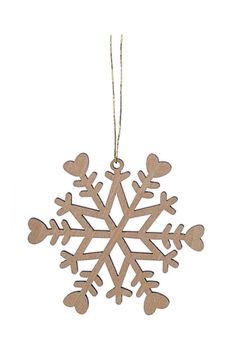 a wooden snowflake ornament with hearts hanging from the side on a white background