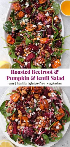 roasted beetroot and pumpkin salad with feta cheese on top is shown in two separate images