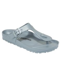 Birkenstock Gizeh Essentials EVA Metallic Thong Sandal  Make a splash at the beach or poolside wearing this colorful, water-friendly sandal. They're made with the same Birkenstock contoured footbed you know and love, only it's all part of the waterproof EVA design. Synthetic T-strap Sandals For Beach, Comfortable Adjustable Jelly Sandals For Beach, Cushioned T-strap Flip Flops For Vacation, Adjustable Comfortable Jelly Sandals For Beach, Adjustable Non-slip Sandals For Poolside, Casual T-strap Jelly Sandals For Beach, Casual Beach Jelly T-strap Sandals, T-strap Jelly Sandals For Summer Beach, Summer T-strap Jelly Sandals For The Beach