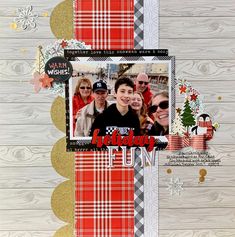 a scrapbook page with an image of two people and a christmas tree on it