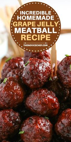 a plate full of meatballs with the words incredible homemade grape jelly meatball recipe