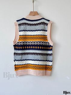 Bjux - Womens Ethnic Print Knit Sleeveless Vest with Vintage V-Neck - Versatile and Stylish Attire for All Seasons Ethnic Print, Sweater Vintage, Sleeveless Vest, Pattern Blocks, Vintage Fabric, All Seasons, Knit Sweater, Color Block, Knitted Fabric