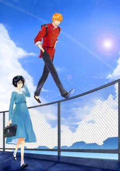 two anime characters are standing on a fence and one is holding a briefcase while the other looks at him