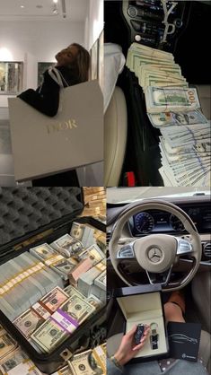 the inside of a car with money in it and a woman laying on her bed