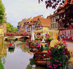 the water is full of colorful flowers and buildings