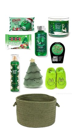 the contents of a green christmas gift set