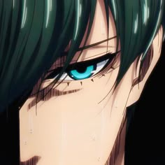 an anime character with green hair and blue eyes looks at the camera while staring into the distance