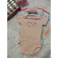 Juicy Couture Baby Girl 4 Piece Onesies Nwt Cute Multicolor Bodysuit For Playwear, Cute Bodysuit For Playwear, Cute Multicolor Cotton Bodysuit, Graphic Onesies, Juicy Couture Baby, Juicy Couture Dress, Pink Onesie, Baby Tank, Twin Outfits