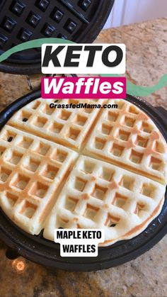 two waffles sitting on top of a black pan with the words keto waffles