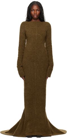 Knit stretch alpaca-blend maxi dress. · Rolled edge at boat neck · Godet panel at extended fishtail hem · Cutout at back · Unlined Supplier color: Honey The Rick, Maxi Knit Dress, Rick Owens, Boat Neck, Dress Making, Day Dresses, Knit Dress, Alpaca, Apparel Accessories