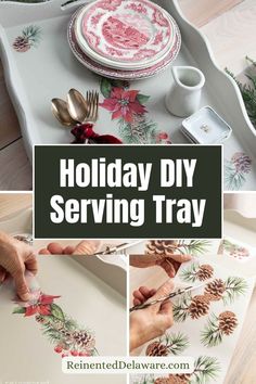 holiday diy serving tray with pine cones and holly