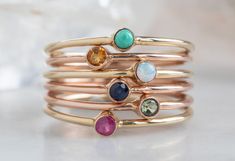 Round Birthstone Stacking Rings Alexis Russell Jewelry, Alexis Russell, Turquoise Birthstone, Modern Wedding Band, Birthstone Stacking Rings, Custom Diamond Rings, Handcrafted Engagement Ring, Handmade Fine Jewelry, How To Make Rings