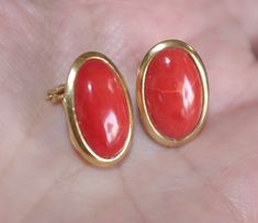 Antique 18K Italian Red Coral Large Dome Bezel Set Stud Earrings 20mm Length and 14mm wide make these studs quite impreessive. Cabs are Momo / Tomato color. Eecuisite piece. Clip ons. One of the cabs have some hairline as you can see in the photos. 7.6 Grams / 38 Carate You will enjoy wearing these studs. True collector item. POLICY: Return Address: Fari Zadeh 275 E. Calle Diamante, Tucson, AZ, 85704 1-If you like your purchase, please leave positive feedback. 2-All my products are handmade. I a Luxury Red Clip-on Earrings As Gift, Red Round Earrings With Polished Finish, Classic Red Cabochon Earrings, Tomato Color, Coral Roses, Coral Ring, Cz Earrings, Tucson Az, Flower Earrings Studs