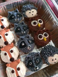 cupcakes decorated like hedgehogs and other animals on a plastic tray with frosting