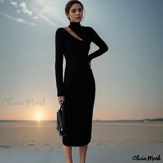 Olivia Mark - Elegant Black Turtleneck Knitted Maxi Dress with Long Sleeves and Stylish Design Long Sleeve Knit Maxi Dress, Bodycon Pencil Skirt, Women Floral Blouse, Pencil Skirt Dress, Black F, Short Sleeve Dress Shirt, Bodycon Maxi Dresses, Long Sleeve Knit Dress, Round Neck Dresses