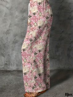 Bjux - Stylish Floral Print Wide Leg Pants: Versatile Drawstring Pants for Spring & Summer, Fashionable Womens Apparel Stretch Floral Print Wide-leg Pants, Stretch Wide-leg Pants With Floral Print, Stretch Wide-leg Floral Print Pants, Pink Full-length Floral Print Pants, Pink Floral Print Full-length Pants, Full Length Pink Floral Print Pants, Pink Floral Non-stretch Bottoms, Stretch Floral Print Straight Pants, Stretch Straight Pants With Floral Print