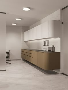 an empty kitchen with white walls and cabinets