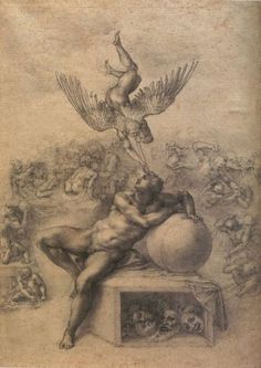 a drawing of a man on a ball with an angel above him