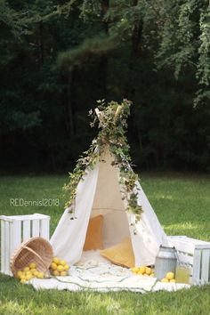 a teepee with lemons and greenery on the grass in front of it