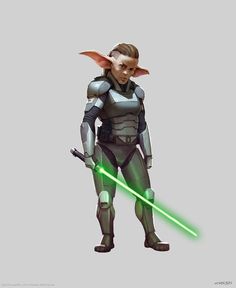 an animated character holding a green light saber