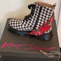 Brand New. Unworn, In Box. Box Has Some Damage But Boots Are Brand New. Floral Combat Boots, Black Moto Boots, Betsey Johnson Shoes, Betsy Johnson, Fitted Skirt, Moto Boots, Lace Up Boots, Betsey Johnson, Women Brands