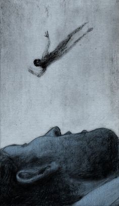 a black and white drawing of a person floating in the air