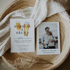 an image of a couple on their wedding day with beer and save the date cards