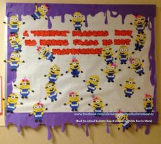 a bulletin board that has been decorated with minion characters