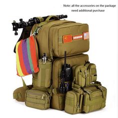 the back pack is packed and ready to be used by an army soldier or police officer