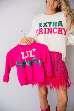 Grinch Letters, Extra Grinchy, Kids Denim Jacket, Purple Pullover, Pink Glam, Cute Shirt Designs, Pink Pullover, Vinyl Shirts, Mommy And Me Outfits