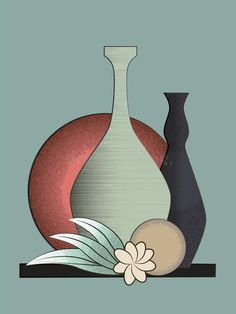 three vases on a shelf with one flower in the foreground and another behind it royalty illustration