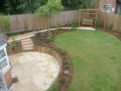 a small backyard with grass and wooden fence