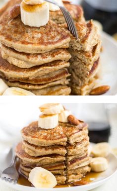 pancakes with bananas and syrup are stacked on top of each other