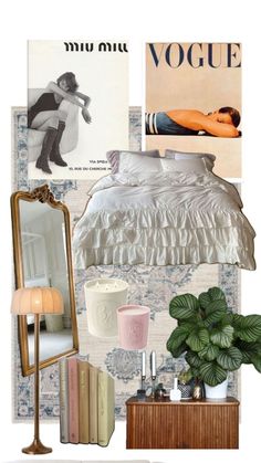 a collage of various items including a bed, mirror and lamp on a table