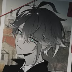 an anime character with long hair and blue eyes in front of a poster on the wall