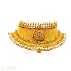 22K Gold Choker & Drop Earrings Set with Stones - 1-RJ-GS011 - Buy this Latest Indian Gold Jewelry Design in 183.100 Grams for a low price of  $9,887.40 Yellow Gold Jeweled Necklace, Yellow Gold Jeweled Necklace For Celebration, Jeweled Round Necklaces For Festivals, Festive Round Jeweled Necklaces, Formal Pearl Necklace For Festivals, Formal Multicolor Bridal Necklace, Elegant Heavy Temple Necklace Choker, Luxury Jeweled Bridal Necklace In Temple Jewelry Style, Elegant Temple Necklace With Jewels