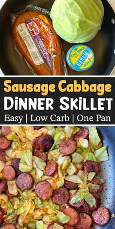 sausage and cabbage dinner skillet with text overlay