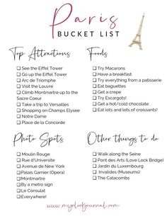 paris bucket list with the eiffel tower in pink and gold on it's side