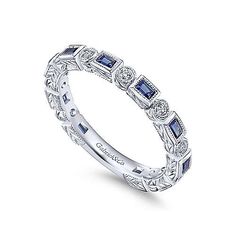 Baguette Diamond Band, Milgrain Ring, Vintage Inspired Rings, White Gold Sapphire, Radiant Diamond, White Gold Band, Natural Blue Sapphire, Diamond Band, Baguette Diamond