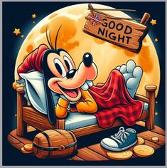 mickey mouse sleeping in his bed with the good night sign above him