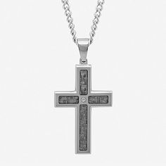 A simple diamond-accent stainless steel cross is a modern interpretation of an ageless symbol.Metal: Stainless steelStone: Diamond accentClosure: Lobster claspPendant Size: 24x49mmLength: 24”Some diamonds may consist of fewer than 17 facets.Jewelry photos are enlarged to show detail. Modern Stainless Steel Necklace For Anniversary, Elegant Stainless Steel Cross Pendant Necklace, Stainless Steel Cross Necklace For Anniversary, Elegant Stainless Steel Cross Necklace, Stainless Steel Cross Pendant Jewelry For Anniversary, White Gold Stainless Steel Cross Pendant Necklace, White Gold Stainless Steel Cross Necklace, Modern Stainless Steel Cross Necklace For Gift, Modern Stainless Steel Cross Pendant Necklace