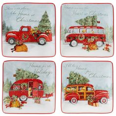 four coasters decorated with red trucks and christmas trees