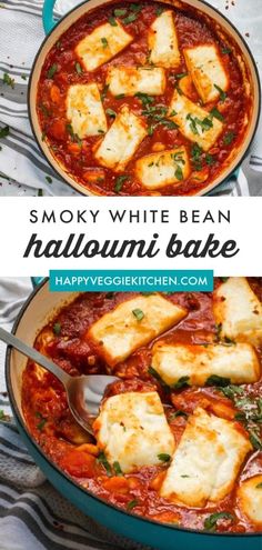 two images with the words smoky white bean hallouumii bake in it