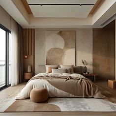 a large bed sitting in the middle of a bedroom next to a tall painting on the wall