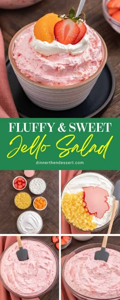 a collage of photos showing how to make fluffy and sweet deli salad