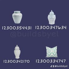 there are many white vases and pillows on this blue background with the numbers below them